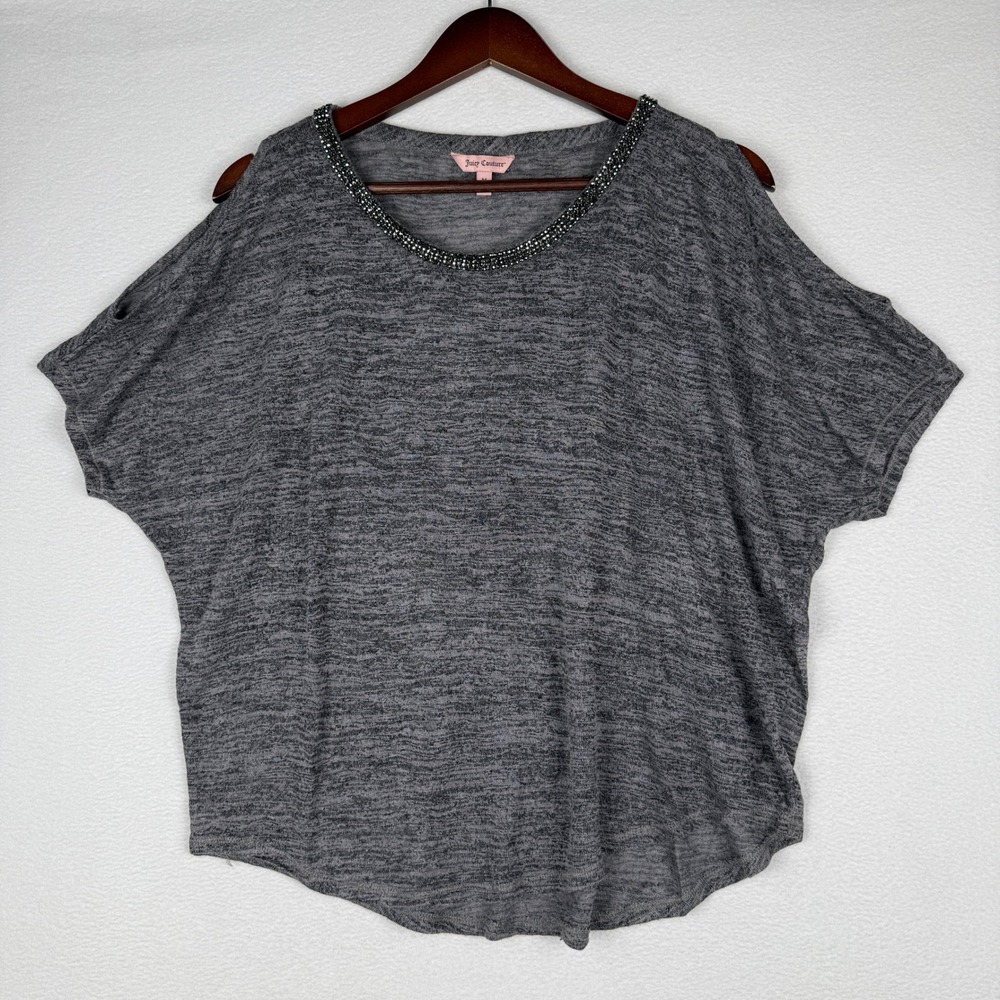 Juicy Couture Top Womens Medium Gray Cold Shoulder Beaded Neck Batwing Sleeve